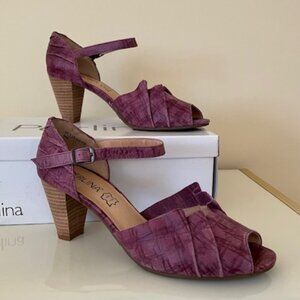 PERLINA Suede Pleat-On-Napa Purple Heeled Sandals, Size 8M